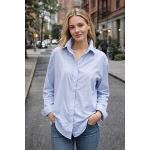 COMMENSE Blue/White Pinstripe Button Down NWT Blouse Classic Collared Shirt Sz L